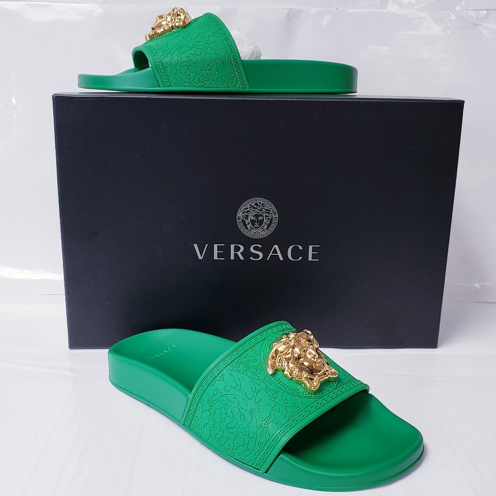 Versace Collection Green Slide Sandals with Textured Strap and Gold Logo